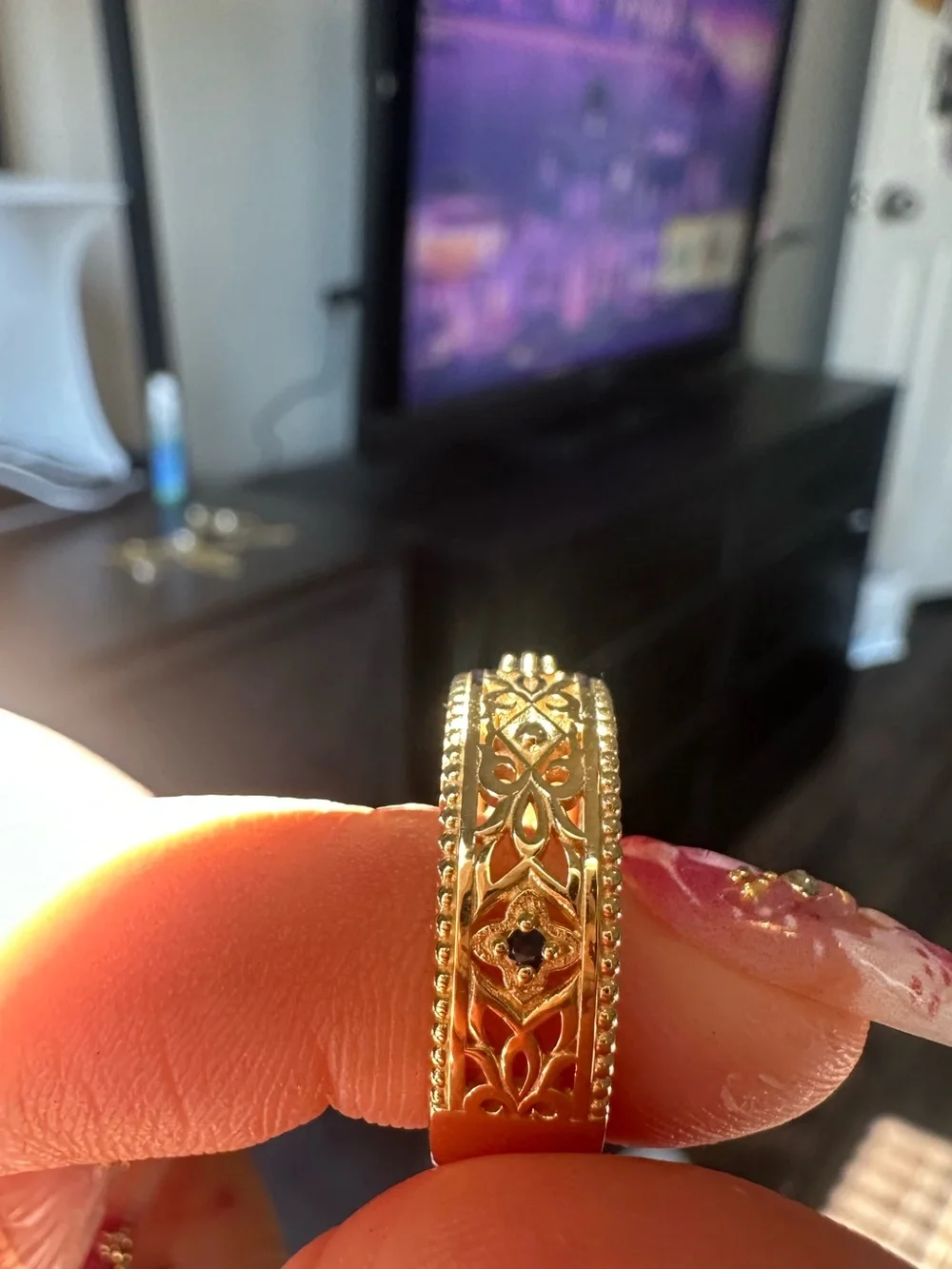 10K Yellow Gold Sapphire Filigree Band Ring 7mm Size 8.5